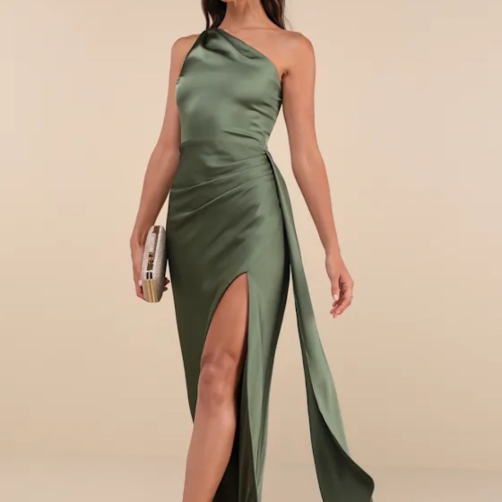 Lulus Signature Elegance Olive Green Satin One-shoulder Maxi Dress - Size S